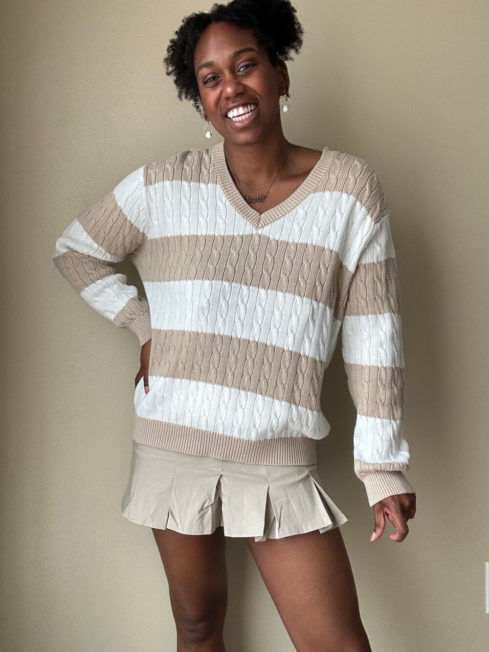 Brandy Melville Beige and White Striped Relaxed Cable Knit Sweater One Size